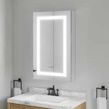 Imagem de Armário de medicamentos iluminado de 50 x 81 cm com espelho, tomadas embutidas e portas USB, espelho de armário de medicamentos com LED regulável em 3 cores para banheiro, armazenamento de prateleira
