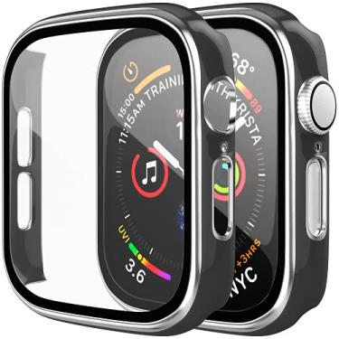 Imagem de [Pacote com 2] Capa D & K Exclusives compatível com Apple Watch de 44 mm, cobertura total com protetor de tela de vidro temperado para homens e mulheres iWatch séries 6/5/4/SE, prata, preto