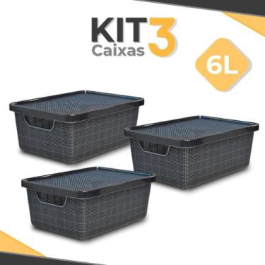 Imagem de Kit 3 Caixa Organizadora 6 Litros Jutta Preta C/ Tampa Cesto Organizad