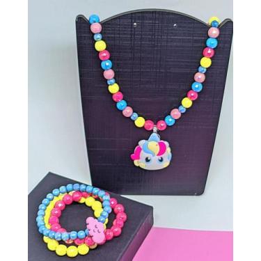 Imagem de Kit Conjunto Colar e Pulseiras Infantil Miçangas Coloridas Personagens