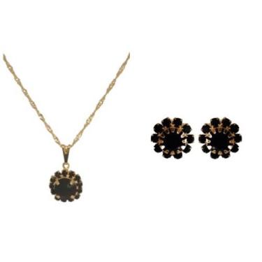 Imagem de Conjunto Colar e Brinco Flor de Strass Folheado Ouro 18k Antialérgico 