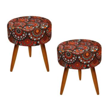 Imagem de Kit 02 Puffs Banqueta Redondo Classic Suede Estampado Mandala Preto Pé