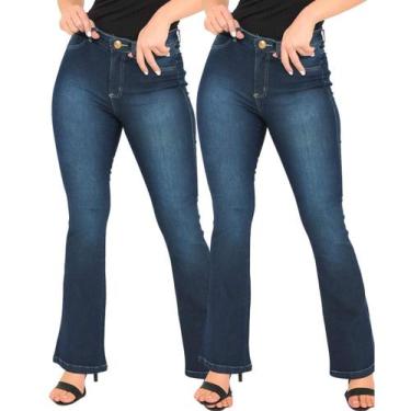 Imagem de Kit 2 Calça Jeans Flare Escura Barra Aberta Feminina Tecido Premium Es