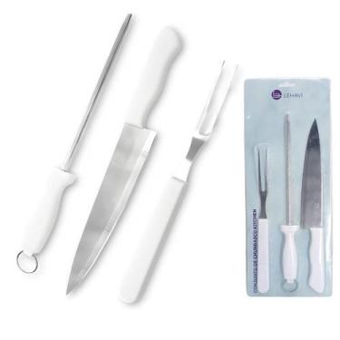 Imagem de Kit Churrasco Garfo Faca Amolador Jumbo Aço Inox Cabo Madeira 3 Peças 
