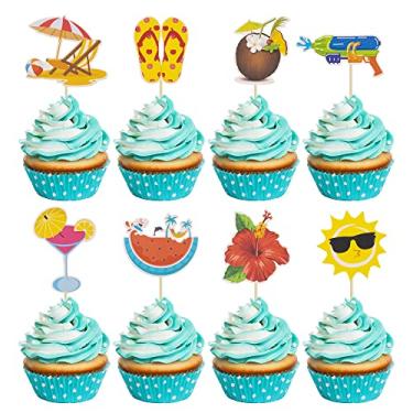 Imagem de 32 peças de verão praia piscina cupcake toppers sol flor melancia pistola de água chinelos de coco palhetas de cupcake chá de bebê Havaí praia piscina tema festa de aniversário decoração de bolo