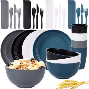 Imagem de Conjuntos de louça de palha de trigo, 28 peças, inquebráveis, reutilizáveis, conjuntos de pratos e tigelas de plástico, conjunto de pratos e tigelas de cozinha para lava-louças, micro-ondas, uso