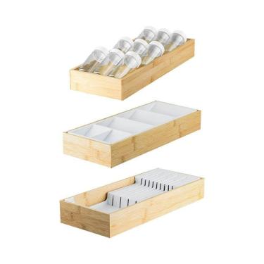Imagem de Kit Organizador De Gaveta Com 01 Porta Temperos + 01 Organizador Talheres + 01 Organizador De Facas Em Bambu Ou