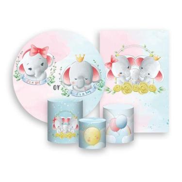 Imagem de Kit 2 Painéis De Festa + Trio De Capas Cilindro - Chá Revelação Elefan