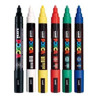 Imagem de Kit 6 Posca PC-5M Branca, Preta, Azul, Verde, Verm, Amarelo - UNI