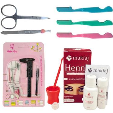 Imagem de Kit Designer Sobrancelhas Henna Makiaj Pinça Tesoura Navalha Pincel Pa