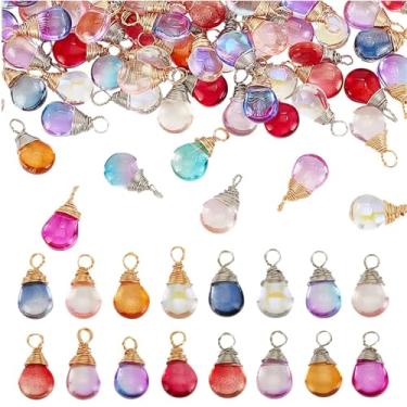Imagem de arricraft Cerca de 100 peças de pingentes de gota de cristal, pingentes de gota de água de vidro de 0,79 polegadas (20 mm) com pingente de gota envolto em fio de liga para colar e fazer joias