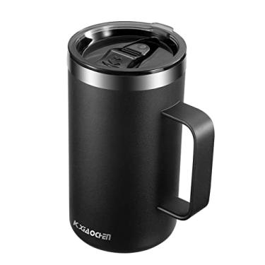 Imagem de KXIAOCHEN Caneca de café isolada de 590 ml com tampa, xícara de café de aço inoxidável, copo de café a vácuo de parede dupla com alça, caneca de café térmica premium para viagem (preto)