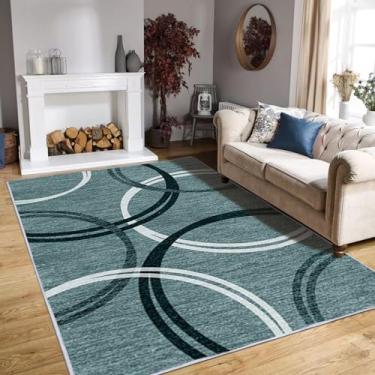 Imagem de YUFANUHO Tapetes modernos azuis pretos e brancos para sala de estar, tapete de lã sintética macia de 1,2 x 1,8 m com círculos abstratos, design de linha para quarto, lavável na máquina, tapetes de lã