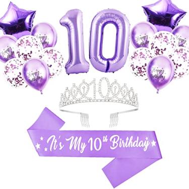 Imagem de Decorações De 10º Aniversário Para Meninas, Faixa De Aniversário Com Glitter Lavanda, Coroa Prateada De 10º Aniversário, Balão De Folha De Alumínio Lavanda Nº 10 E Estrela, Balões De Látex De