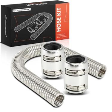 Imagem de A-Premium Mangueira de radiador flexível universal de 61 cm - Kit adaptador de mangueira de refrigeração de aço inoxidável - com 2 tampas de alumínio polido (4 braçadeiras) prata