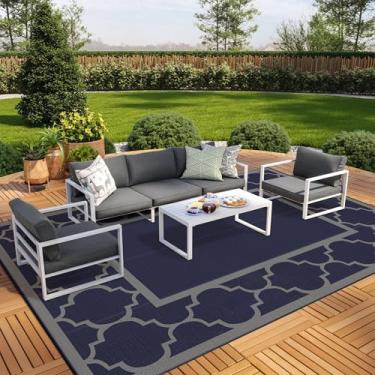 Imagem de Tapete externo GENIMO 2,7 m x 5,5 m, impermeável, palha de plástico, reversível, dobrável, para decoração de pátio, trailer, deck, varanda, piquenique, praia, azul e cinza