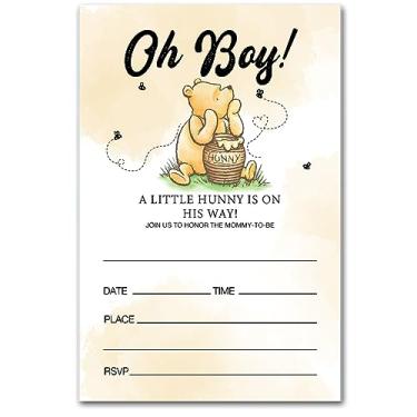 Imagem de brayqu Ursinho Pooh Oh Boy Baby Shower Convites para festa Pooh Bear Baby Shower Party Convites Baby Boy (20 cartões com envelopes)