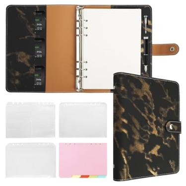 Imagem de FYY Agenda A5 recarregável com 6 anéis de couro sintético com bolsos, divisórias, refil de papel mármore preto