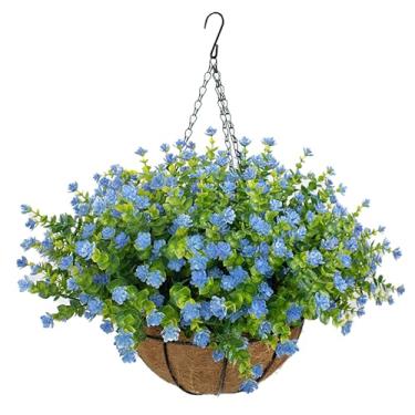 Imagem de NETAP Cesta de flores artificiais para decoração de primavera e verão ao ar livre, flores falsas parecem realmente resistentes a UV, plantas falsas penduradas para varanda, varanda, pátio, jardim,