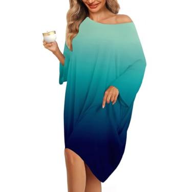 Imagem de KFUBUO Camisas de dormir femininas de manga curta, plus size, vestido de casa com bolsos, gola redonda, roupa de dormir extragrande, Verde azul-petróleo degradê, Tamanho Único