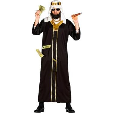 Imagem de Fantasia Adulta Masculina de Carnaval e Halloween Roupa de Sheik Árabe de Luxo Túnica Preta e Dourado + Turbante (M 42-44)