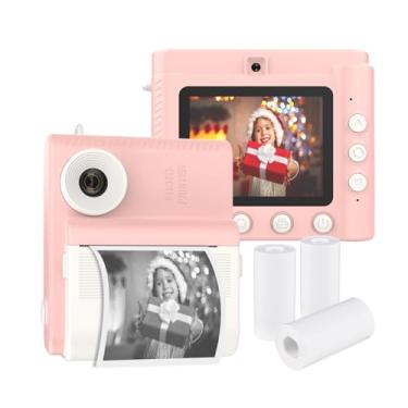 Imagem de Câmera de impressão instantânea infantil Câmera digital para crianças Câmera de vídeo digital 1080P Lente dupla Tela IPS de 2,8 polegadas Bateria embutida Molduras para fotos com 3 rolos de papel de