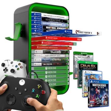Imagem de Niciksty Torre de armazenamento de jogos compatível com PS5/Xbox Series S e X/Switch, organizador universal de discos de raio de jogo, armazena 18 jogos, com 4 suportes de controle, organizador de