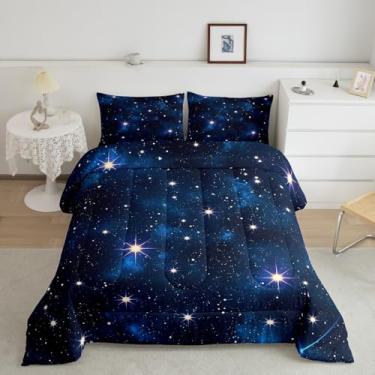 Imagem de Feelyou Conjunto de edredom de galáxia, tamanho casal, espaço sideral, para meninos, meninas, adolescentes, azul, universo, planeta, estampa de planeta, conjunto de colcha