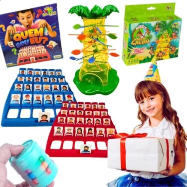 Imagem de Kit 2 Jogos Infantis Pula Macaco Cada Macaco no Seu Galho + Quem Sou Eu Brinquedo Interativo para Crianças e Família Cilindro Mágico ou Cubo Mágico Jogo de Tabuleiro Educativo e Divertido