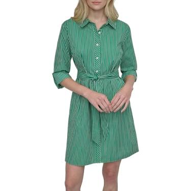 Imagem de DKNY Minivestido feminino de manga comprida com gola e laço na cintura, Trevo/branco, 36