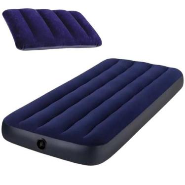 Imagem de Kit colchão inflável solteiro intex dura-beam + travesseiro, Azul