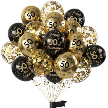 Imagem de Hongplus Balões de aniversário de 50 anos de ouro preto, pacote com 15 artigos de decoração de festa de 50 anos para homens e mulheres, balões de látex de confetes de látex, 30 cm e fita