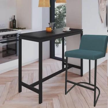 Imagem de Banqueta Com Encosto Noah Luxo Confort Bistrô Cozinha Ferro Preto Suede Azul Turquesa - Ahazzo Móveis