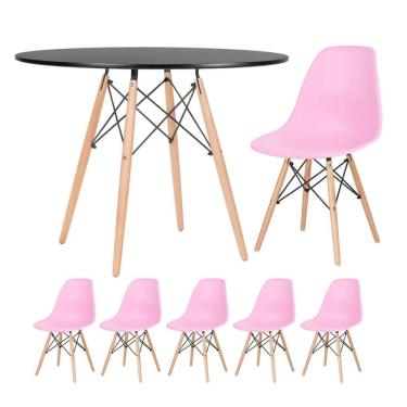 Imagem de Mesa Redonda Eames 100cm Preto + 5 Cadeiras Rosa Claro