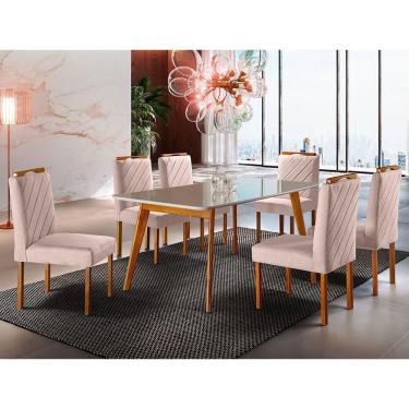 Imagem de Conjunto Sala De Jantar 6 Lugares Mesa Slim E Cadeiras Em Veludo Móveis Mix Mel/off-white/nude