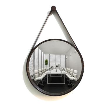 Imagem de Espelho Redondo Decorativo Moldura Alça De Couro 60Cm Café