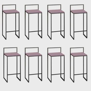 Imagem de Kit 08 Banquetas Alta Com Encosto Lino Industrial Balcão Bistrô Ferro Preto mdf Madeira Rose Gold - Ahz Móveis