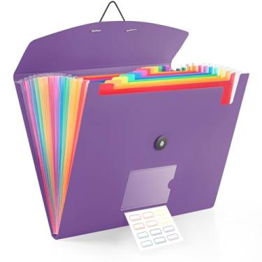 Imagem de Organizador de arquivos sanfonado de 13 bolsos com fecho elástico, pasta de arquivos expansível para papéis tamanho carta A4, ideal para casa, material de escritório, essencial para faculdade - roxo