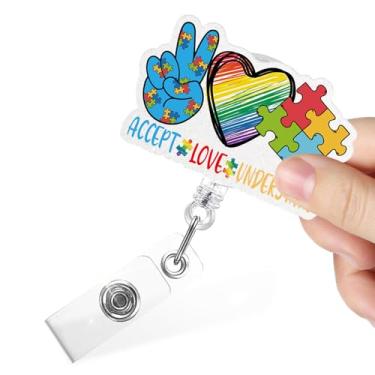 Imagem de Juoqg Carretel de crachá retrátil com glitter com clipe jacaré para enfermeira médica de saúde mental, suporte de crachá de conscientização do autismo para professores, carretel de crachá neurodiverso