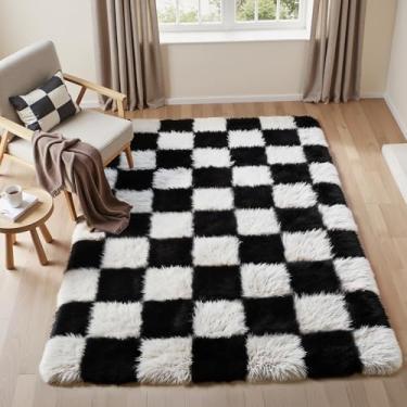 Imagem de PureCozy Tapete quadriculado 7 x 12 cm para sala de estar, preto e branco moderno felpudo super macio lavável tapete felpudo para quarto, casa, dormitório, decoração estética