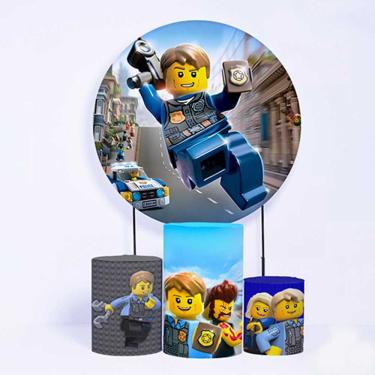 Imagem de Kit Painel de Festa Redondo de 1,30m e Trio de Cilindros Lego - Fera Print