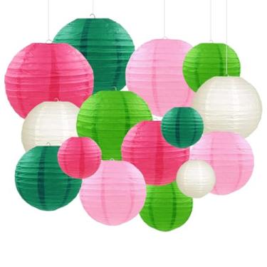Imagem de Capesaro Lanternas de papel verde rosa decorativas 15 peças decorações de festa para festa aniversário despedida de solteira casamento aniversário chá de bebê tema de verão festa aniversário verde