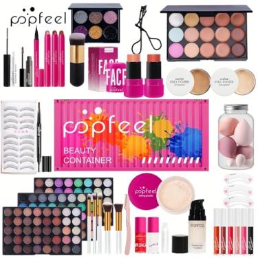 Imagem de Popfeel Kit Completo de Maquiagem, Paleta de Sombras, Pincéis, Rímel, Delineador, Cílios Postiços, Base, Corretivo, Blush, Pó Facial