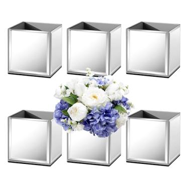 Imagem de blingworld Conjunto de 6 vasos quadrados de vidro de 10 x 10 cm x 10 cm, vasos de flores prateados brilhantes para centros de mesa, suporte de vela de cubo de vidro quadrado para casamento, festa