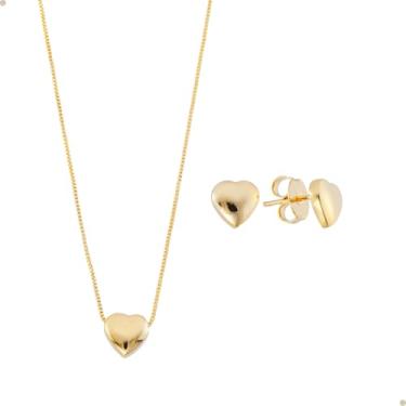 Imagem de Kit Conjunto Colar E Pingente Feminino + Brinco De Coração Com Corrente Veneziana De 45 Cm Banhado À Ouro 18k E Com Banho Antialérgico Marca Andréia Branco Acessórios