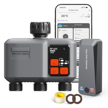 Imagem de Temporizador de irrigação WiFi de 3 zonas com gateway RF de 984 pés, temporizador de água inteligente de 3 saídas para mangueira de jardim com atraso de chuva/manual/automático, temporizadores de
