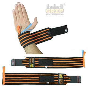 Imagem de Almofadas de pulso de luxo Grip Power Pads (1 par/2 envoltórios) para levantamento de peso suporte de pulso de algodão tiras de faixa de ginástica para homens e mulheres - qualidade premium e borracha profissional, Orange 4, 18" Inches