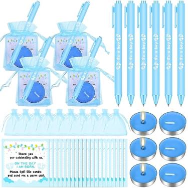 Imagem de Ctosree 50 conjuntos de lembrancinhas de chá de bebê para convidados, 50 peças de velas de luz de chá, 50 etiquetas de agradecimento, 50 peças, sacos de chiffon com cordão, 50 peças, caneta esferográfica retrátil com tinta preta para presente de aniversário, \