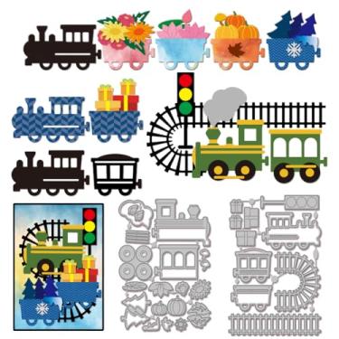 Imagem de GLOBLELAND Matrizes de corte de trilhos de trem para scrapbooking de Natal, locomotiva ferroviária e caixa de carga de metal, flores, plantas, estênceis para fazer cartões, gravação em relevo