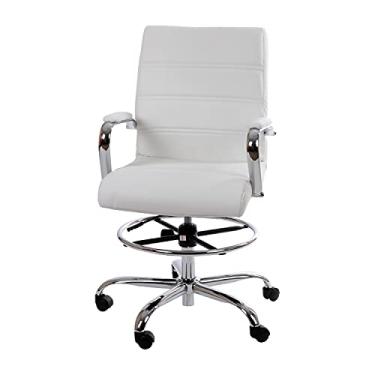 Imagem de Flash Furniture Cadeira de esboço de altura ajustável – Cadeira contemporânea de couro branco com parte de trás macia – Anel de pé ajustável e base cromada